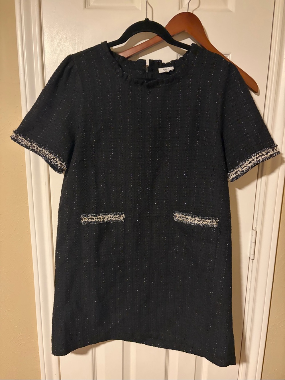 Short-Sleeve Black Tweed Shift Dress with Fringe Trim